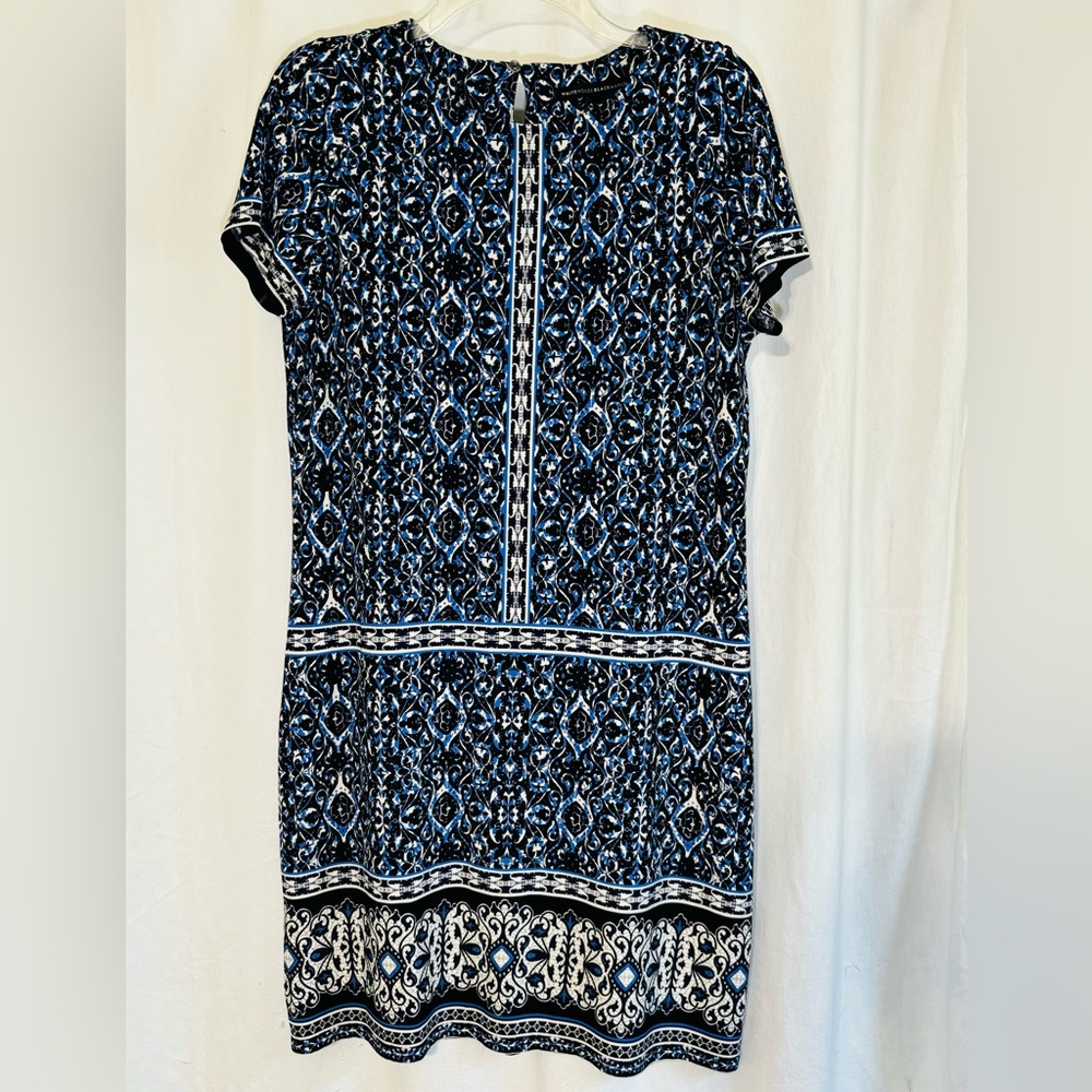 White House Black Market Bellflower w/ Black SS Border Print Chemise Dress SZ 8
